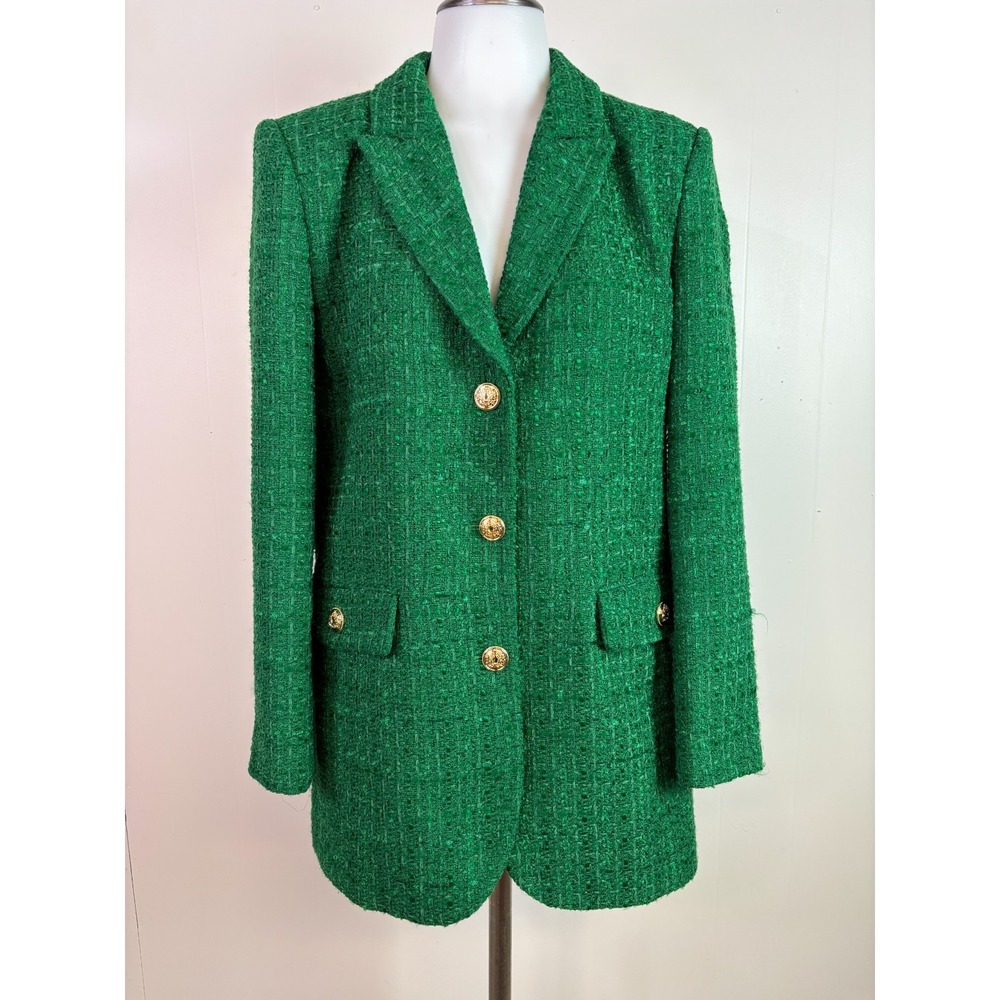 Zara Blazer Jacket Medium Green Tweed Three-Button Gold Holiday Party Women's